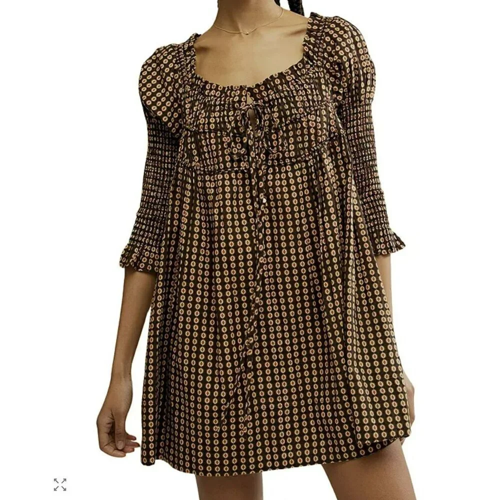 Free People Star Dip Smocked Back Babydoll Mini Dress Small NWT